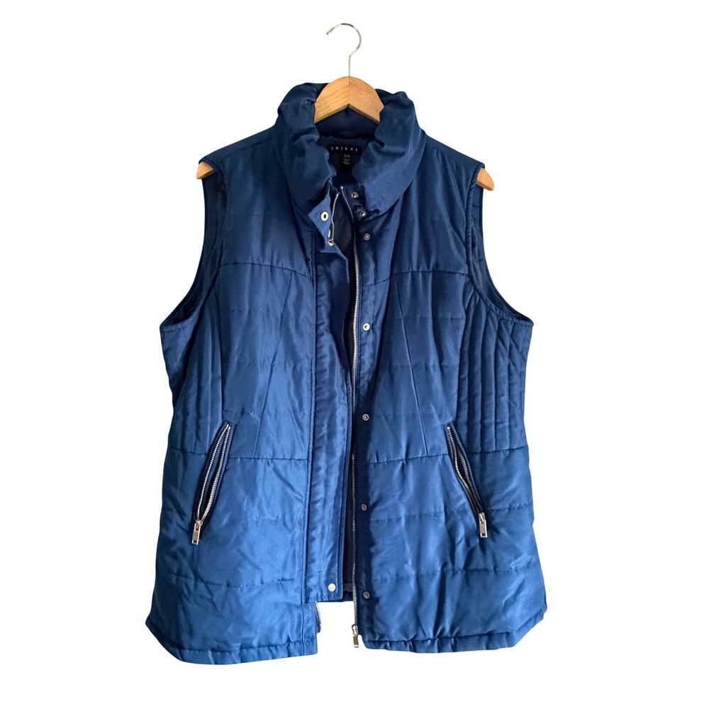 Tribal Sport Womens Blue Quilted Puffer Vest Funnel Neck Cinch Waist XL